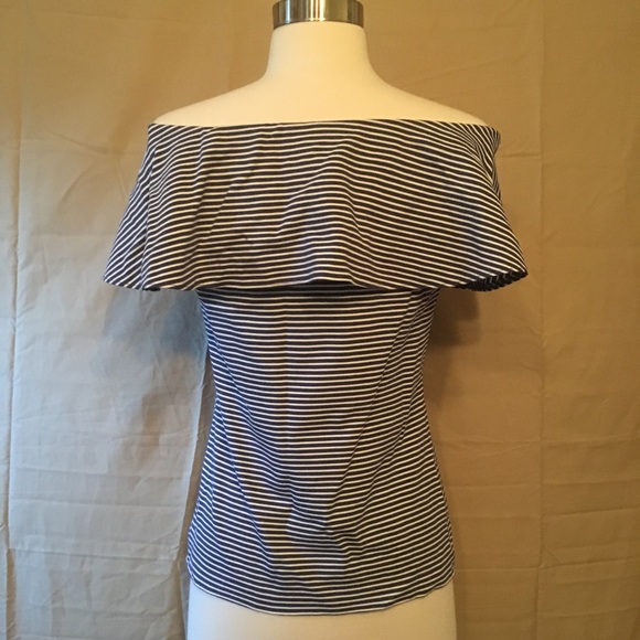 Ann Taylor Navy Blue Striped Off Shoulder Top XS - Picture 5 of 8